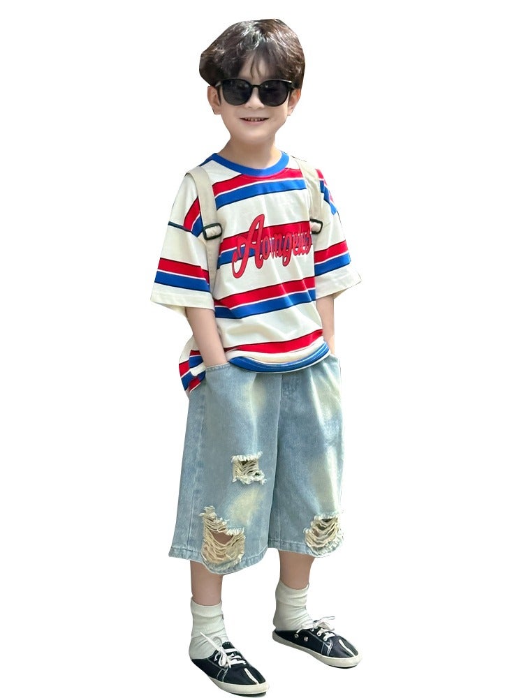 Summer Boys Outfits Boys Short Sleeve Cotton Striped Tshirt + Denim Jean Shorts Set