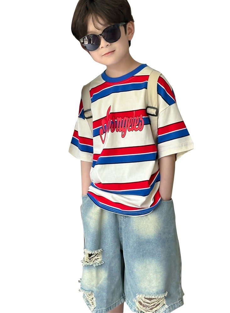 Summer Boys Outfits Boys Short Sleeve Cotton Striped Tshirt + Denim Jean Shorts Set