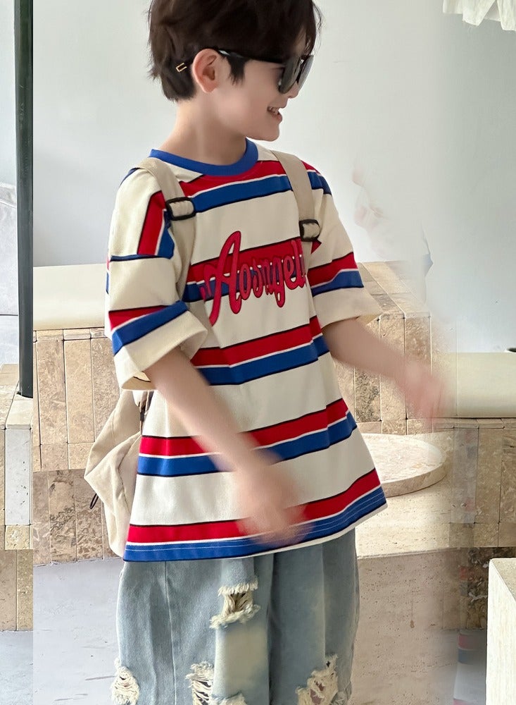 Summer Boys Outfits Boys Short Sleeve Cotton Striped Tshirt + Denim Jean Shorts Set