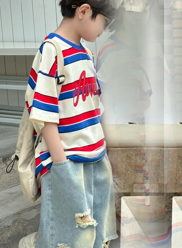 Summer Boys Outfits Boys Short Sleeve Cotton Striped Tshirt + Denim Jean Shorts Set