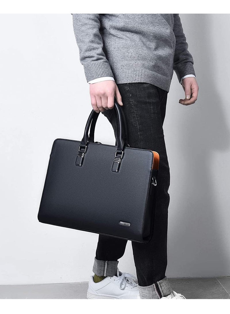 Black Business Bag Leather Briefcase Shoulder Laptop Office Bag Messenger Bag Removable and Adjustable Shoulder Strap Travel Bag for Men