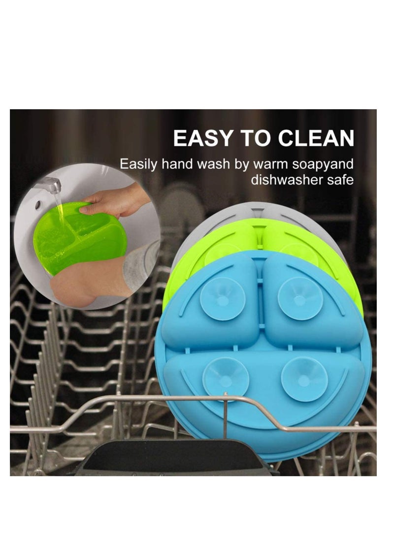 3 Pack Safe Silicone Baby Suction Plates, Toddler Divided Plate Set with Spoon Fork, Dishwasher and Microwave Safe Blue, Green, Gray