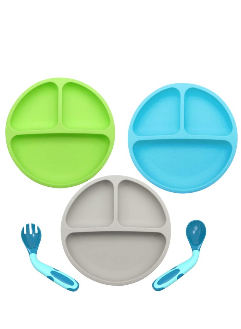 3 Pack Safe Silicone Baby Suction Plates, Toddler Divided Plate Set with Spoon Fork, Dishwasher and Microwave Safe Blue, Green, Gray