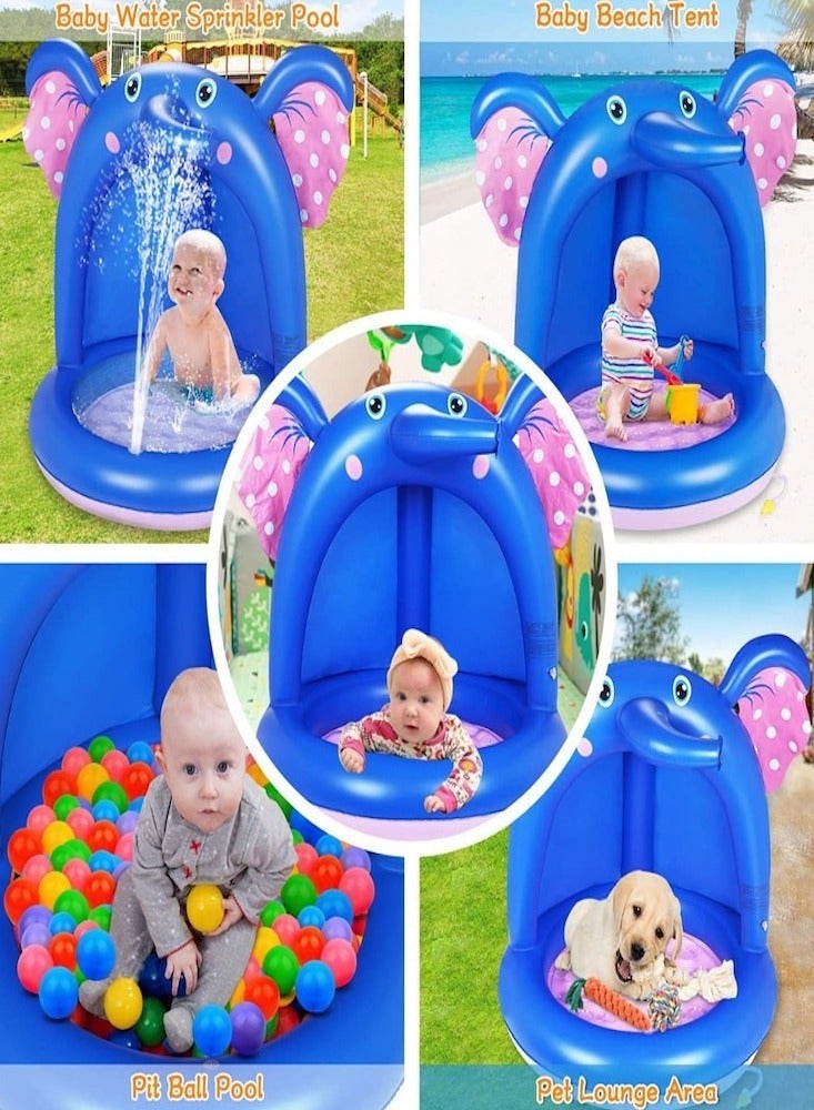 Inflatable Elephant Canopy Baby Swimming Pool Elephant Padded Bottom Spray Pool with Shade Toddlers Kids Inflatable Pool with Water Sprinkler for Summer Outdoor Indoor Game Play Center