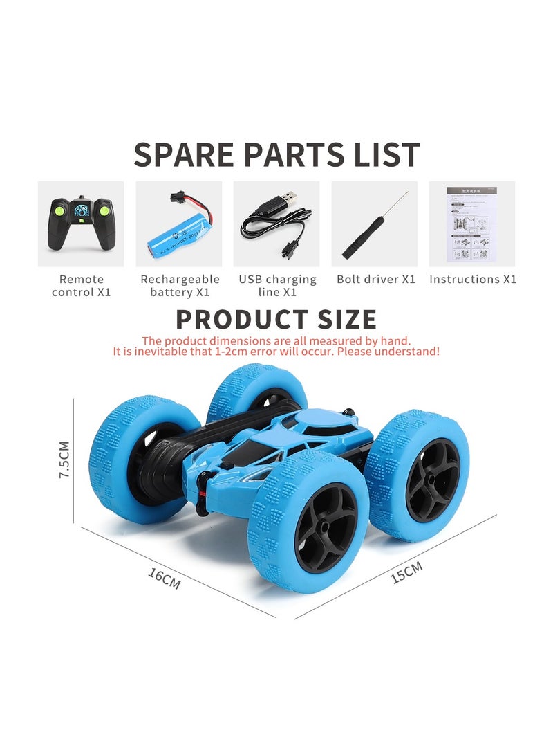 360° Rotating Remote Control Car for Kids - Double Sided 4WD RC Stunt Car with Headlights, 2.4GHz Off-Road Electric Race Toy, Rechargeable Stunt Drifting Car (Blue) for Ages 6+