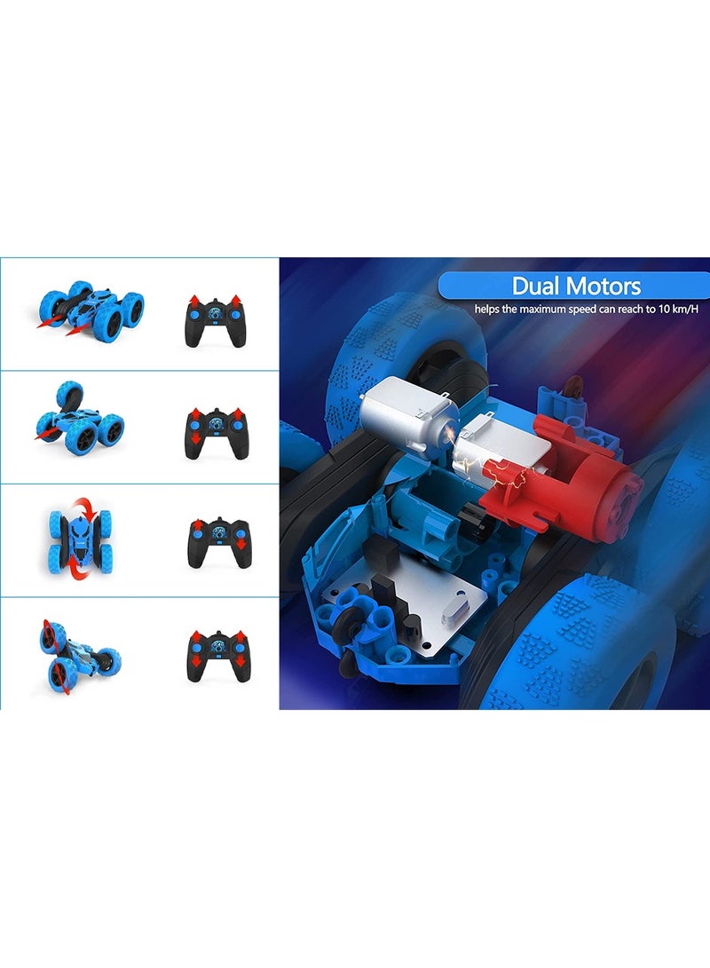 360° Rotating Remote Control Car for Kids - Double Sided 4WD RC Stunt Car with Headlights, 2.4GHz Off-Road Electric Race Toy, Rechargeable Stunt Drifting Car (Blue) for Ages 6+
