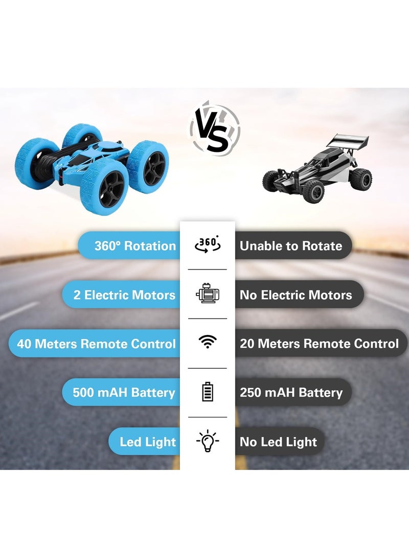360° Rotating Remote Control Car for Kids - Double Sided 4WD RC Stunt Car with Headlights, 2.4GHz Off-Road Electric Race Toy, Rechargeable Stunt Drifting Car (Blue) for Ages 6+