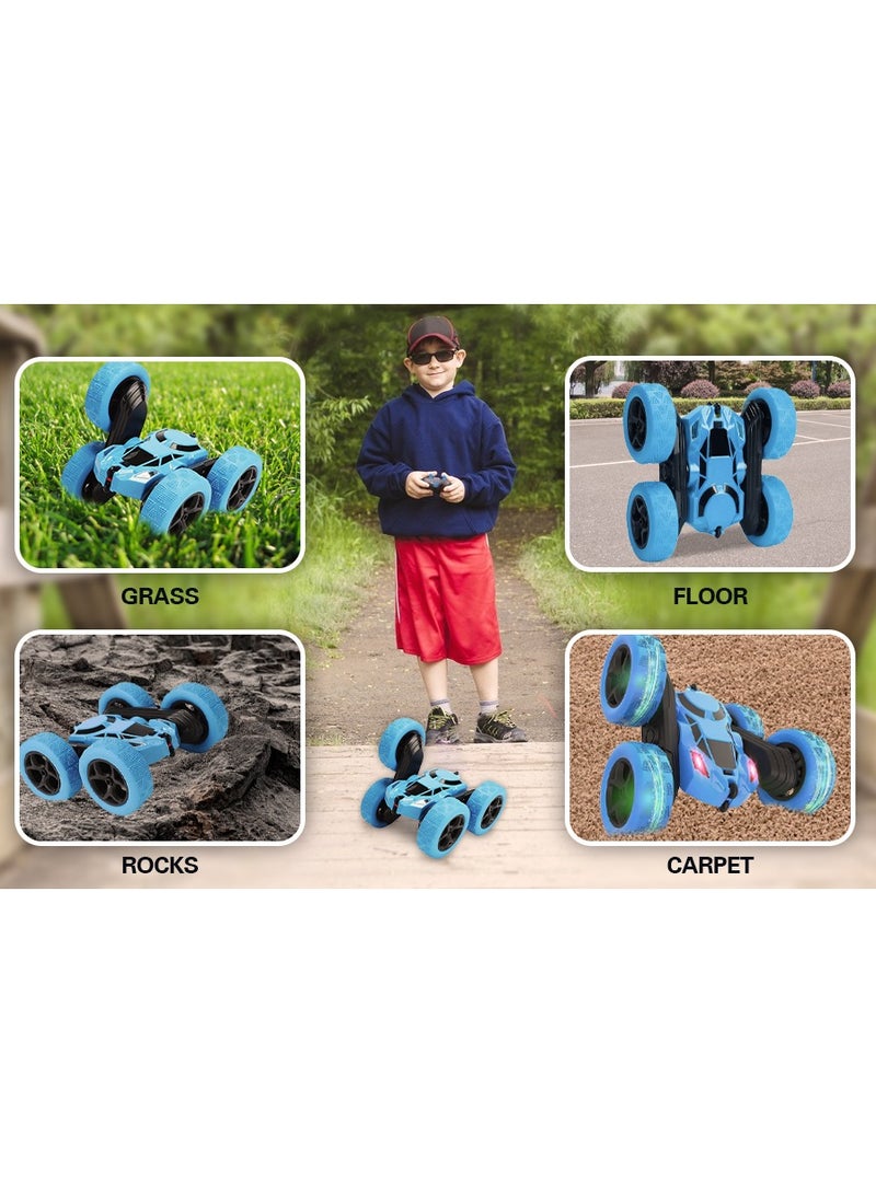 360° Rotating Remote Control Car for Kids - Double Sided 4WD RC Stunt Car with Headlights, 2.4GHz Off-Road Electric Race Toy, Rechargeable Stunt Drifting Car (Blue) for Ages 6+