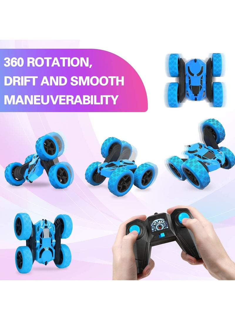360° Rotating Remote Control Car for Kids - Double Sided 4WD RC Stunt Car with Headlights, 2.4GHz Off-Road Electric Race Toy, Rechargeable Stunt Drifting Car (Blue) for Ages 6+