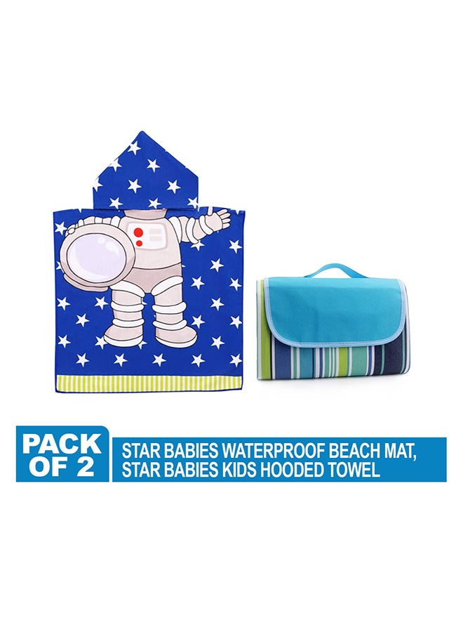 Combo Pack Of 2 Waterproof Beach Mat With Hooded Towel Poncho - Blue