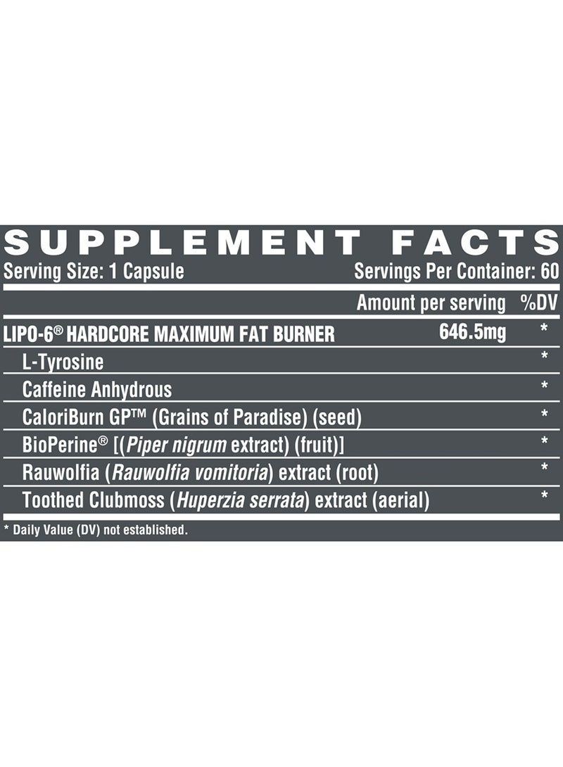 Nutrex Research Lipo-6 Hardcore - Clinically Studied Herbal Thermogenic, Supports Metabolism & Energy, 60 Capsules