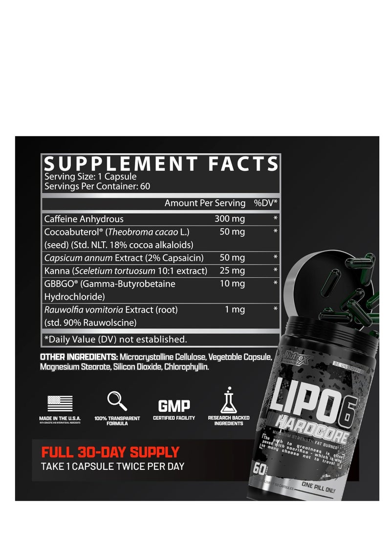 Nutrex Research Lipo-6 Hardcore - Clinically Studied Herbal Thermogenic, Supports Metabolism & Energy, 60 Capsules