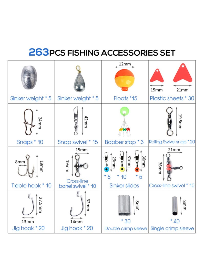 263Pcs Fishing Lures Tackle Fishing Kit with Tackle Box Including Plier Jig Hooks Sinker Weight Swivels Snaps Sinker Slides