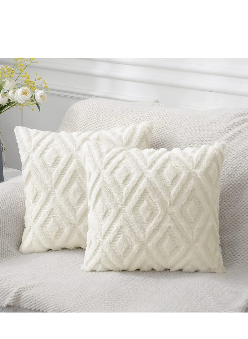 Soft Faux Fur Throw Pillow Covers, 16 x 16 Inch Plush Short Wool Velvet Decorative Pillow Covers, Couch Sofa Pillow Covers for Living Room with 3D Diamond Pattern (Set of 2, Cream White)