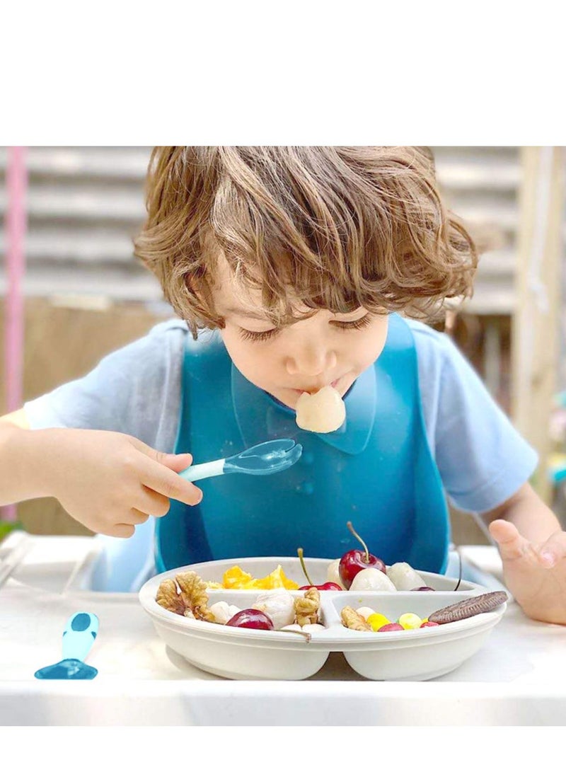 3 Pack Safe Silicone Baby Suction Plates, Toddler Divided Plate Set with Spoon Fork, Dishwasher and Microwave Safe Blue, Green, Gray