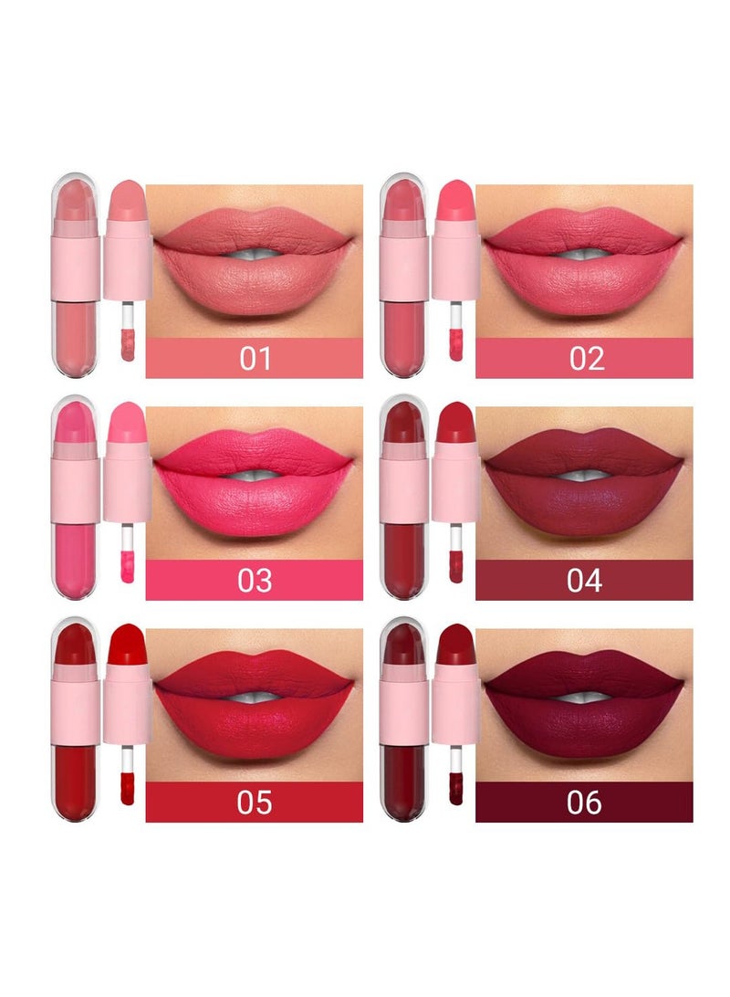 2 In 1 Matte Lipstick & Liquid Lipstick 6Pcs Set for Women, Dark Ruby Red Nude Beige Hot Pink Mauve Matte Vegan Long Wear Pink Lipstick Waterproof Long Lasting