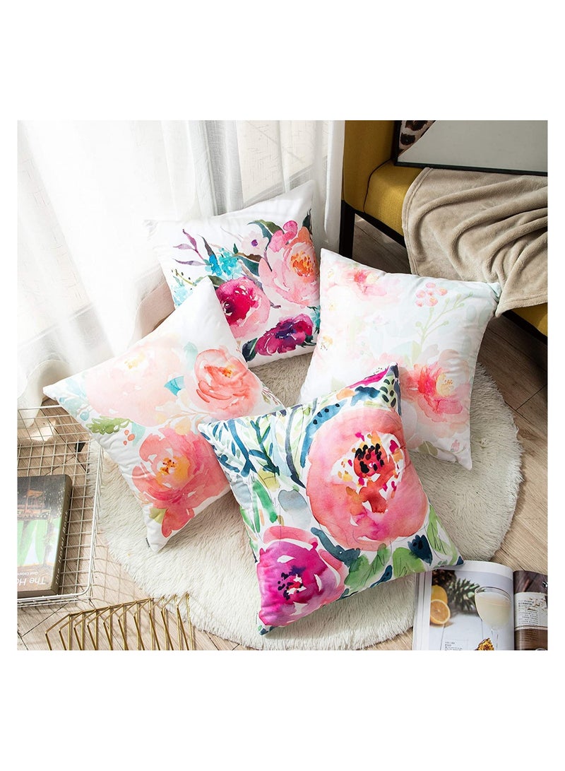 Throw Pillow Covers, Set of 4 Peonies Summer Watercolor Floral Throw Pillow Covers Decorative Pillow Cases for Sofa Couch Living Room Outdoor (45 * 45 cm)