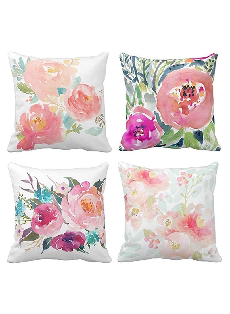 Throw Pillow Covers, Set of 4 Peonies Summer Watercolor Floral Throw Pillow Covers Decorative Pillow Cases for Sofa Couch Living Room Outdoor (45 * 45 cm)