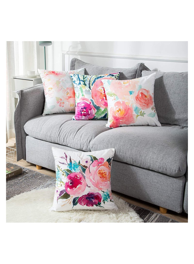 Throw Pillow Covers, Set of 4 Peonies Summer Watercolor Floral Throw Pillow Covers Decorative Pillow Cases for Sofa Couch Living Room Outdoor (45 * 45 cm)