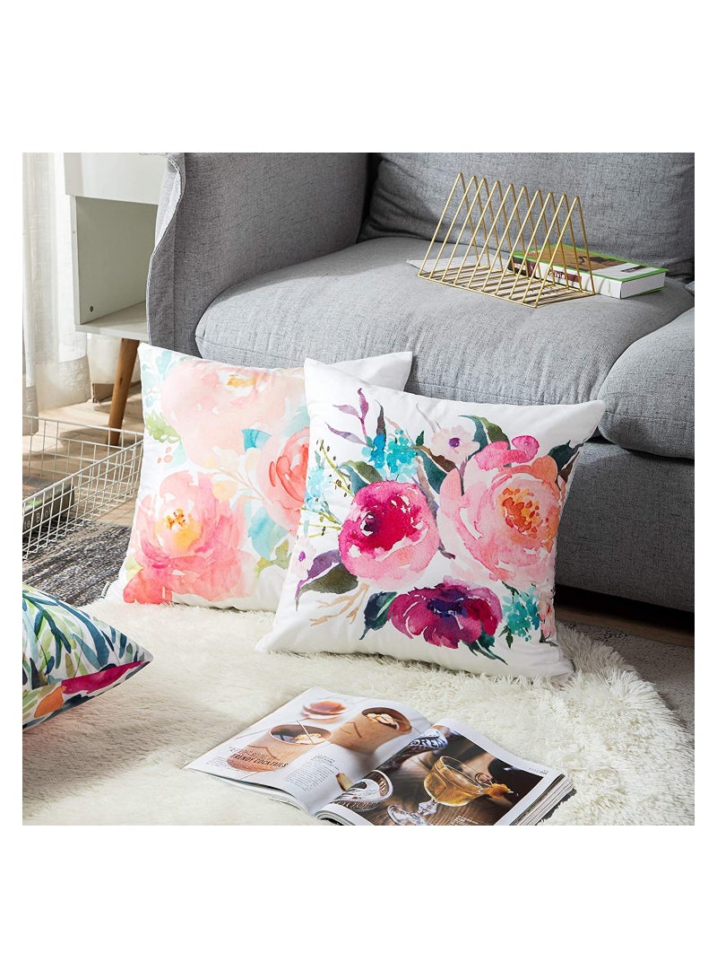 Throw Pillow Covers, Set of 4 Peonies Summer Watercolor Floral Throw Pillow Covers Decorative Pillow Cases for Sofa Couch Living Room Outdoor (45 * 45 cm)