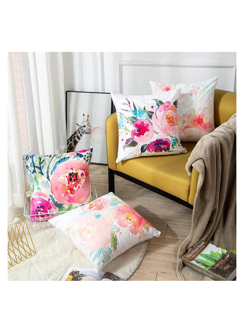 Throw Pillow Covers, Set of 4 Peonies Summer Watercolor Floral Throw Pillow Covers Decorative Pillow Cases for Sofa Couch Living Room Outdoor (45 * 45 cm)