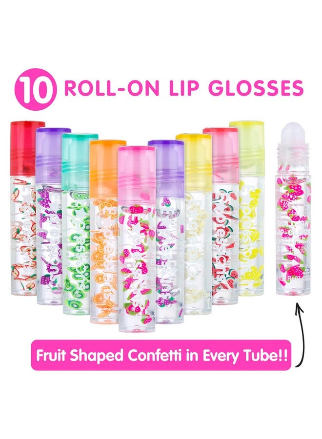 10Pc Roll On Lip Gloss Set With Carrying Case 10Pack Glossy Lip Makeup Assorted Fruity Flavors Non Toxic Kid Friendly Party Gift Best Friends