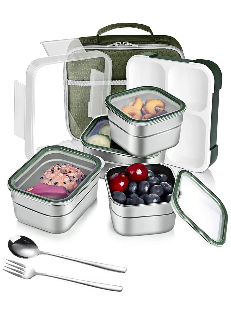 Stainless Steel Lunch Box for Kids Adults,Insulated Bento Lunch Box with Tableware & Bag,1060ML 4 Compartment Divided Lunch Containers with Lids,Leakproof | BPA Free | Dishwasher Safe （Green）