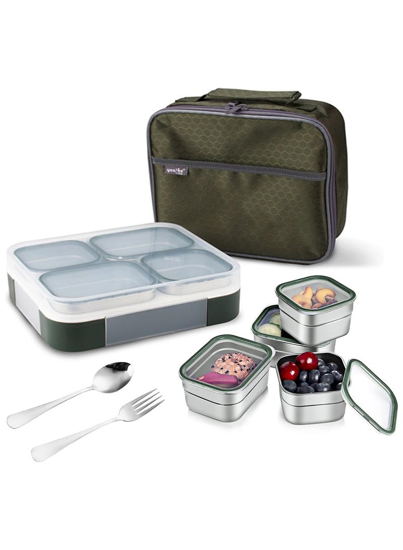 Stainless Steel Lunch Box for Kids Adults,Insulated Bento Lunch Box with Tableware & Bag,1060ML 4 Compartment Divided Lunch Containers with Lids,Leakproof | BPA Free | Dishwasher Safe （Green）