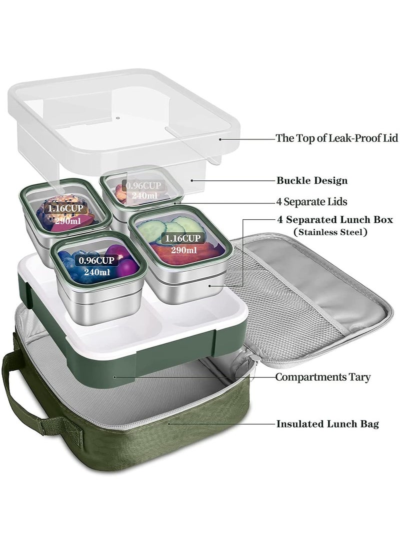 Stainless Steel Lunch Box for Kids Adults,Insulated Bento Lunch Box with Tableware & Bag,1060ML 4 Compartment Divided Lunch Containers with Lids,Leakproof | BPA Free | Dishwasher Safe （Green）