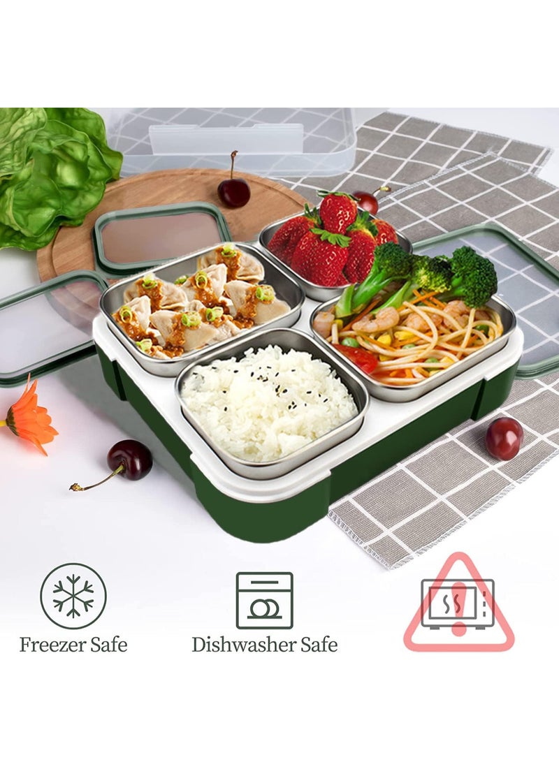 Stainless Steel Lunch Box for Kids Adults,Insulated Bento Lunch Box with Tableware & Bag,1060ML 4 Compartment Divided Lunch Containers with Lids,Leakproof | BPA Free | Dishwasher Safe （Green）
