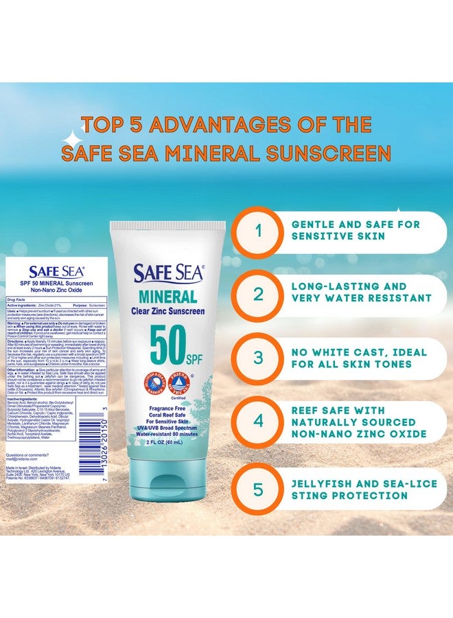 Zinc Oxide Sunscreen Spf50 Clear Mineral Face Sunscreen Without White Cast Antijellyfish Sting Protective Lotion 2Oz (60Ml) Pack Of 1 (2 Fl Oz (Pack Of 1))