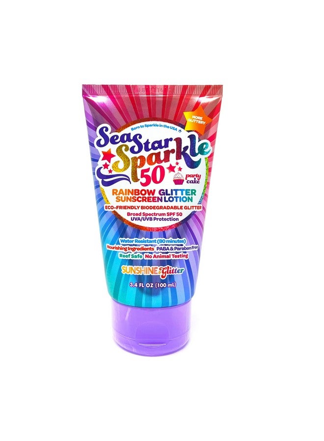 Sea Star Sparkle Biodegradable Glitter Sunscreen With Spf 50 Rainbow Party Cake Water Resistant 80 Min Biodegradable Glitter Vegan & Cruelty Free Tsa Approved 3.4 Oz