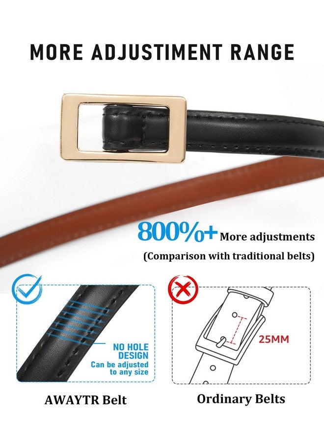 Skinny Reversible Leather Belt Hole Free Belt For Women Jeans Dress Thin Waist Belt For Ladies With Gold Buckle(Blackbrown100Cm)