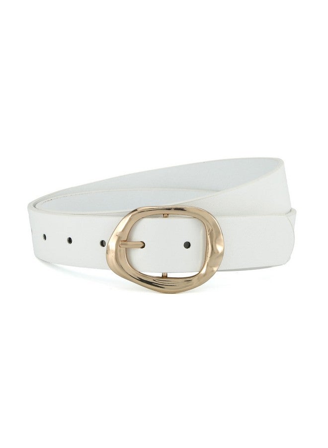 White Leather Belts For Women Casual Fashion Waist Belt With Liquid Shapes Gold Buckle For Jeans Pants Dresses 1.18