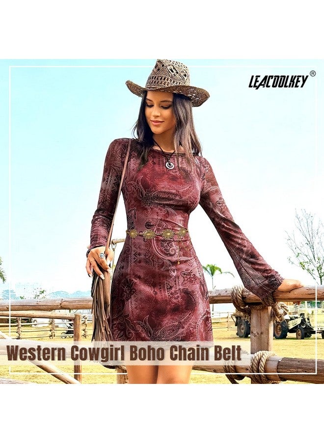 Western Metal Concho Belt For Women Cowgirl Boho Waist Chain Belt For Dresses Jeans Pants Gold