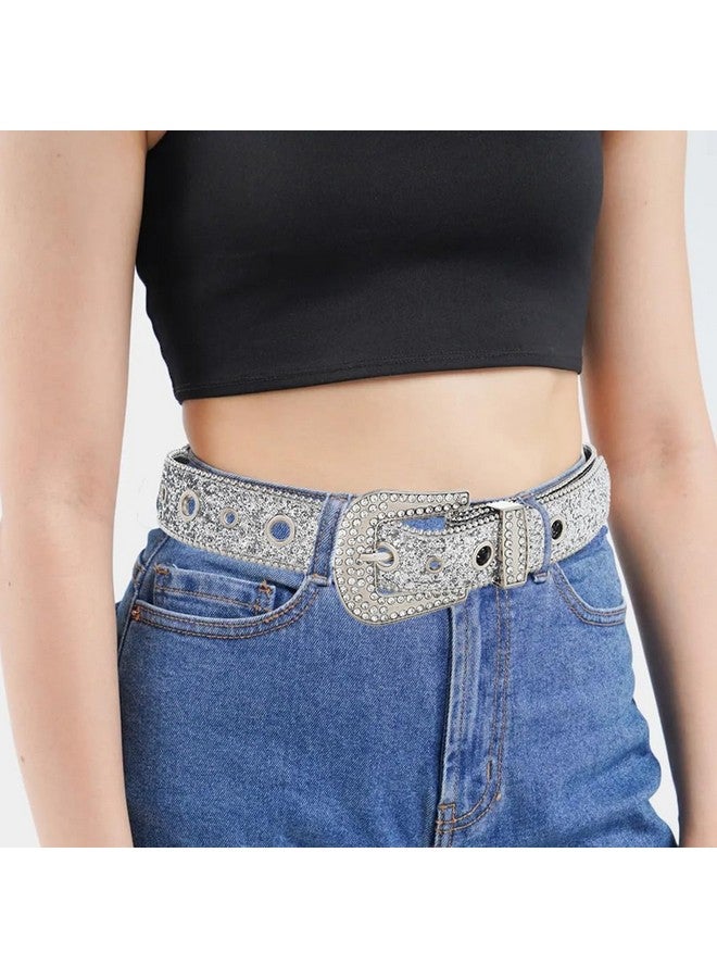 Sparkle Leather Rhinestone Belt Glitter Silver Crystal Pin Buckle Bling Bb Belts Cowgirl Jeans Pants Dress Waist Diamond Belt For Women