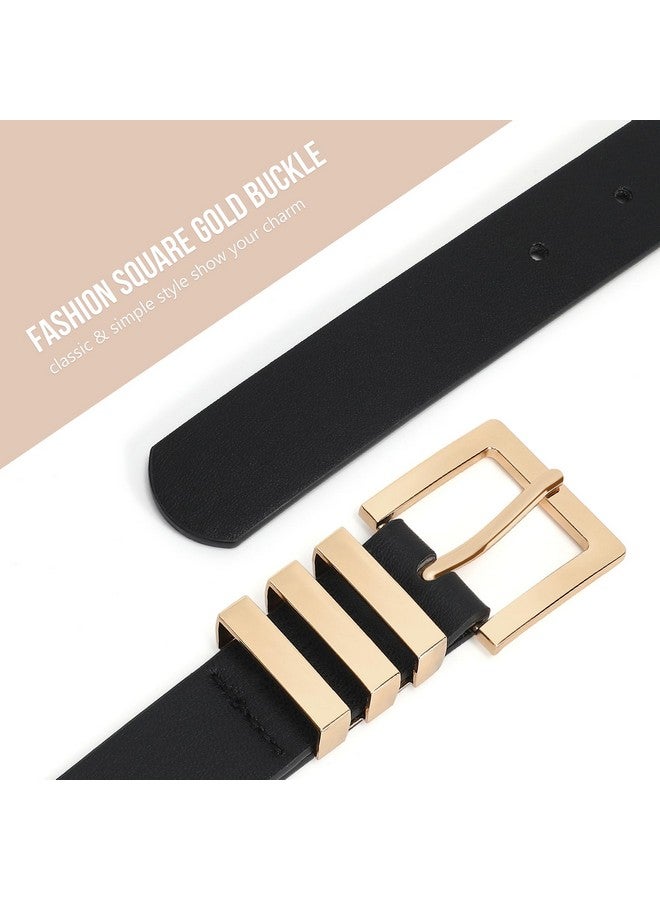 Plus Size Women'S Leather Belts For Jeans Pants Dress Fashion Ladies Waist Belt With Square Gold Buckleblack