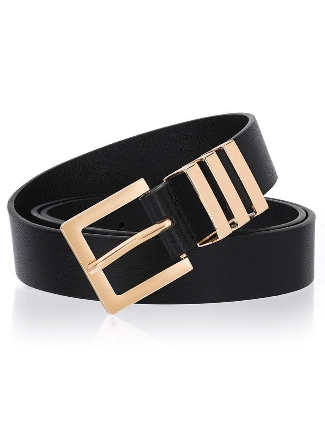 Plus Size Women'S Leather Belts For Jeans Pants Dress Fashion Ladies Waist Belt With Square Gold Buckleblack