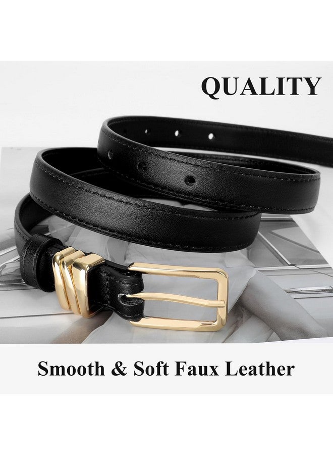 Women Skinny Leather Belt Ladies Black Thin Waist Belt For Dresses Jeans Pants With Gold Buckle And Metal Loops