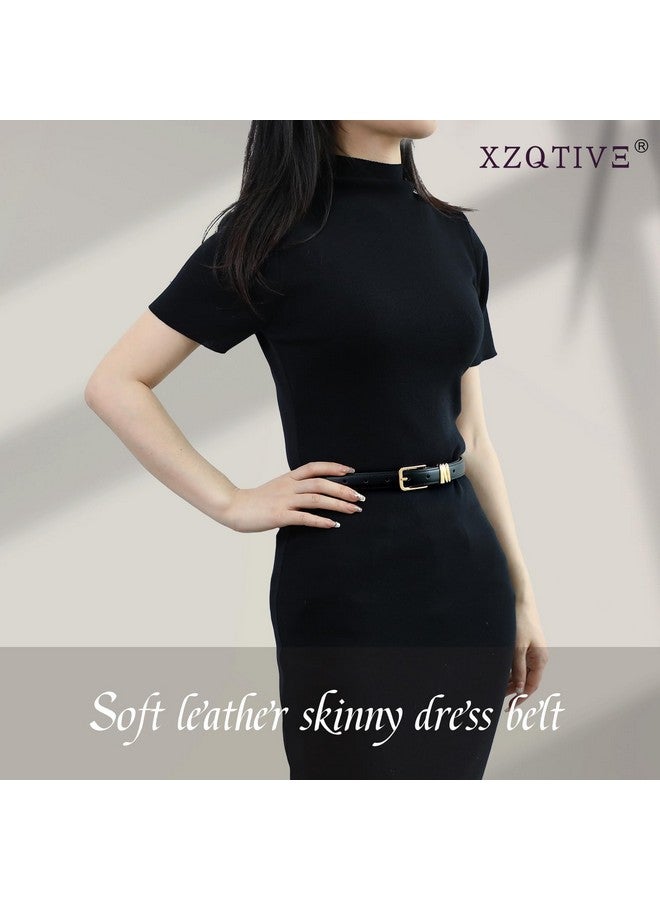 Women Skinny Leather Belt Ladies Black Thin Waist Belt For Dresses Jeans Pants With Gold Buckle And Metal Loops