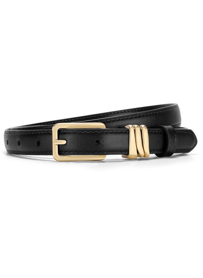 Women Skinny Leather Belt Ladies Black Thin Waist Belt For Dresses Jeans Pants With Gold Buckle And Metal Loops