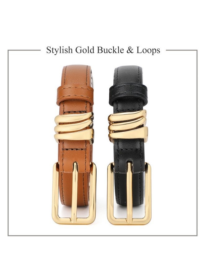 Women Skinny Leather Belt Ladies Black Thin Waist Belt For Dresses Jeans Pants With Gold Buckle And Metal Loops