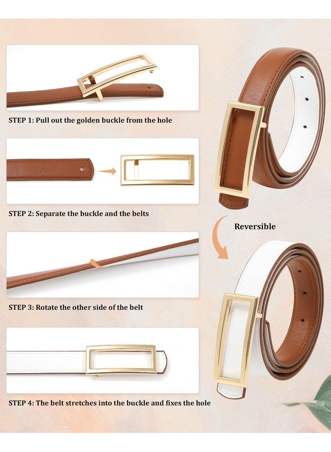 Women Reversible Leather Belt Twoinone Women Fashion Skinny Belt For Jeans With Golden Buckle (Brownwhite100Cm)