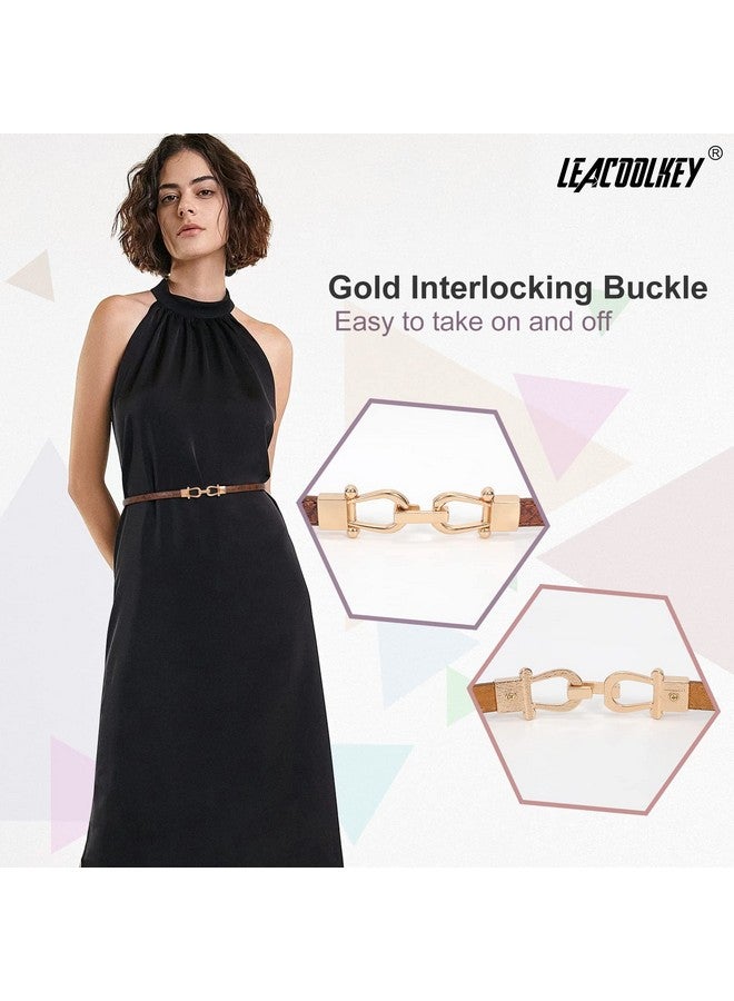 Women Skinny Waist Belt With Gold Buckle Adjustable Leather Thin Waist Belt For Dress