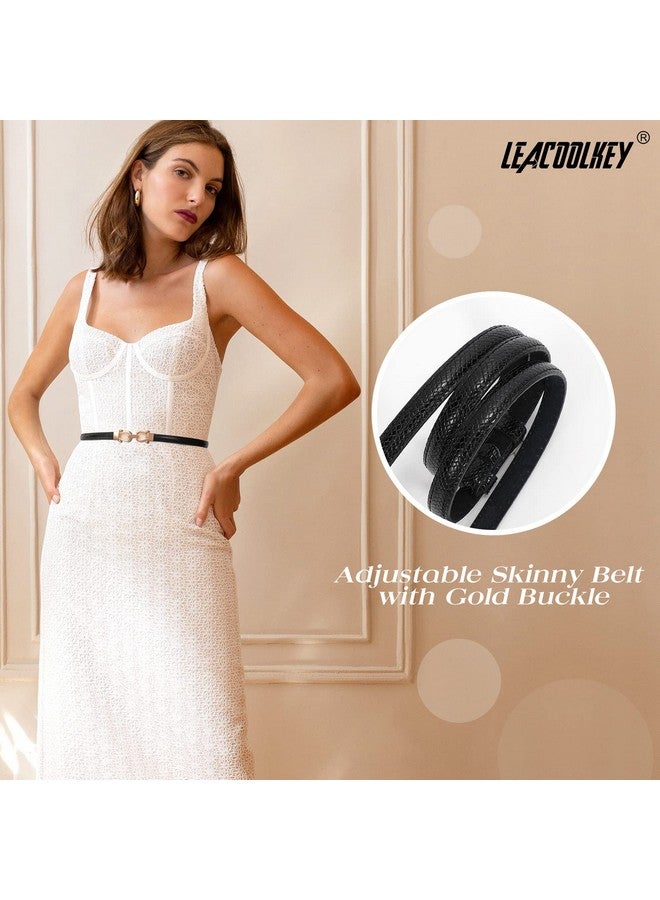 Women Skinny Waist Belt With Gold Buckle Adjustable Leather Thin Waist Belt For Dress