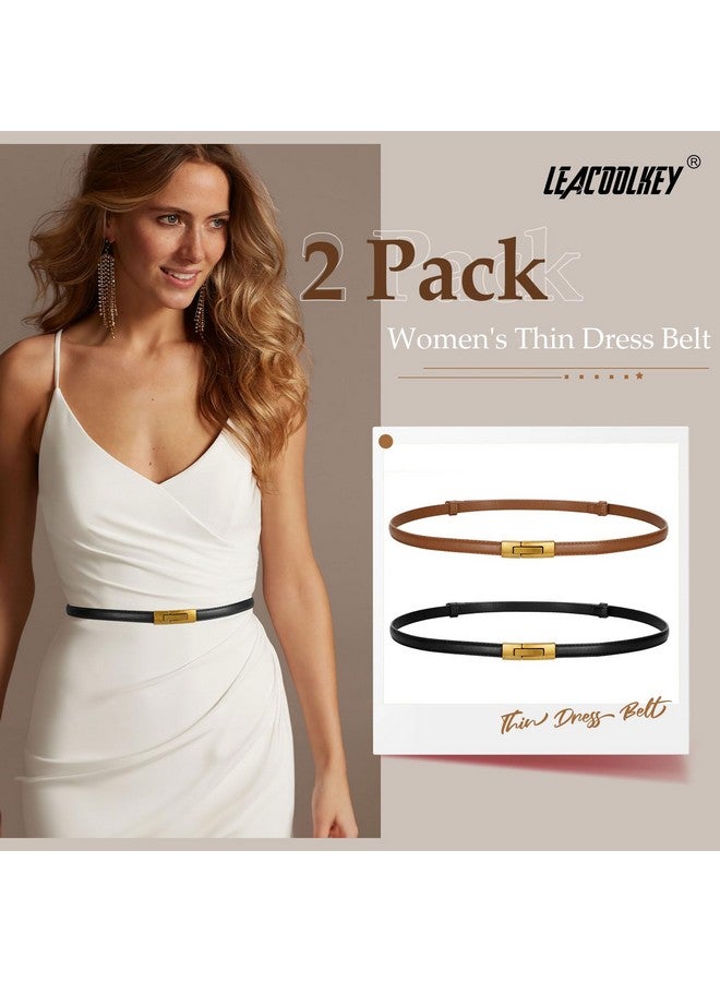 2 Pack Women Skinny Leather Belts Ladies Vintage Gold Buckle Thin Waist Belts For Dresses Black+Brown