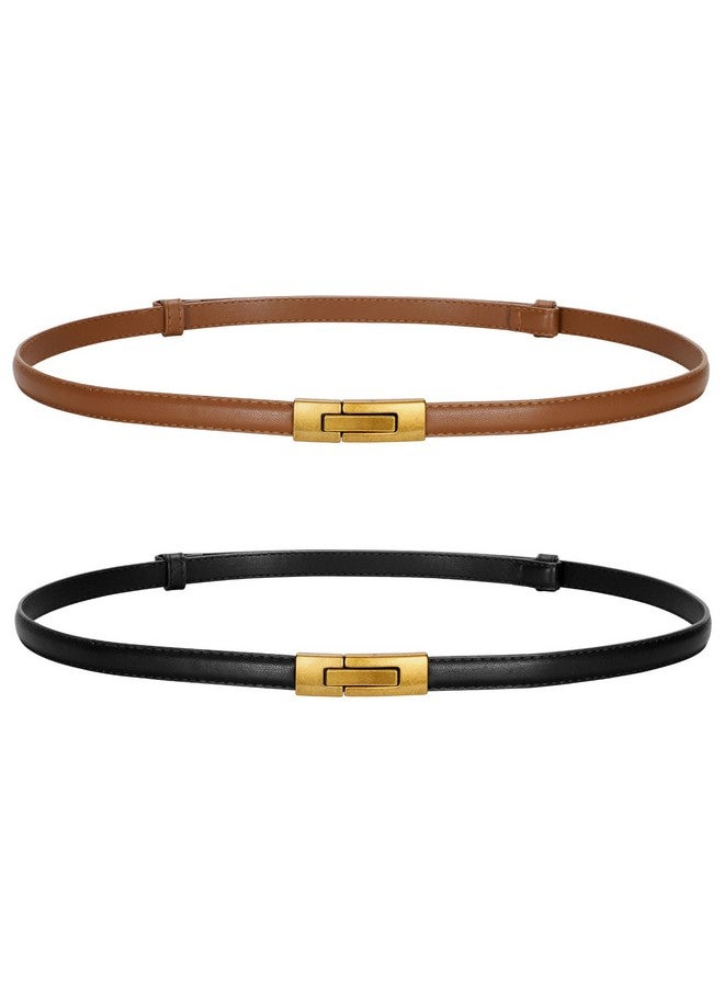 2 Pack Women Skinny Leather Belts Ladies Vintage Gold Buckle Thin Waist Belts For Dresses Black+Brown