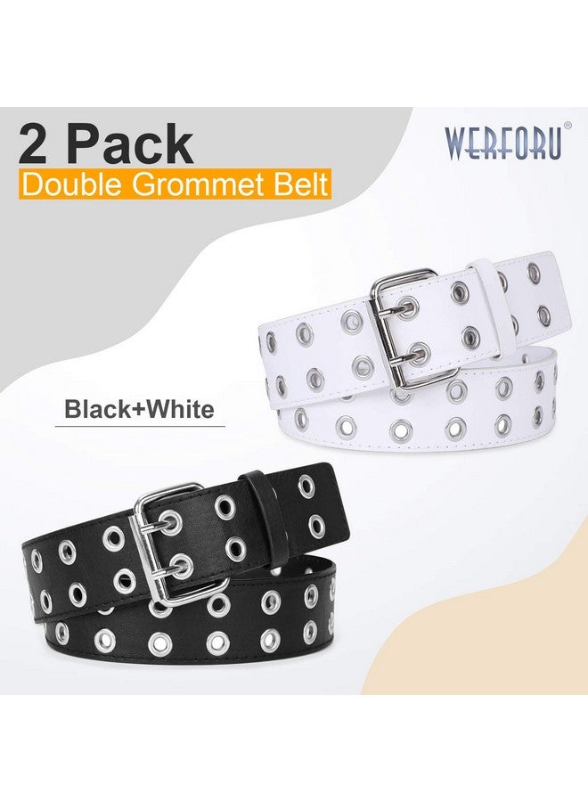 2Pack Double Grommet Belt Pu Leather Punk Belt For Women Jeans (Suit For Pant Below 35