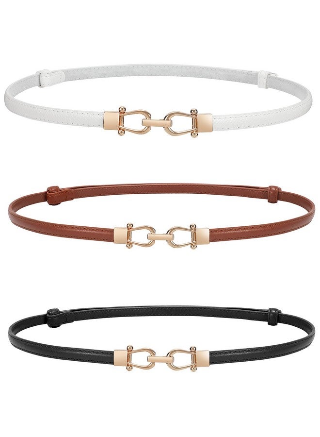 Women 3 Pack Skinny Belt For Dressthin Waist Belt Adjustable Leather Belt With Gold Buckle Fit Waist Size Below 37 Inches White+Brown+Black