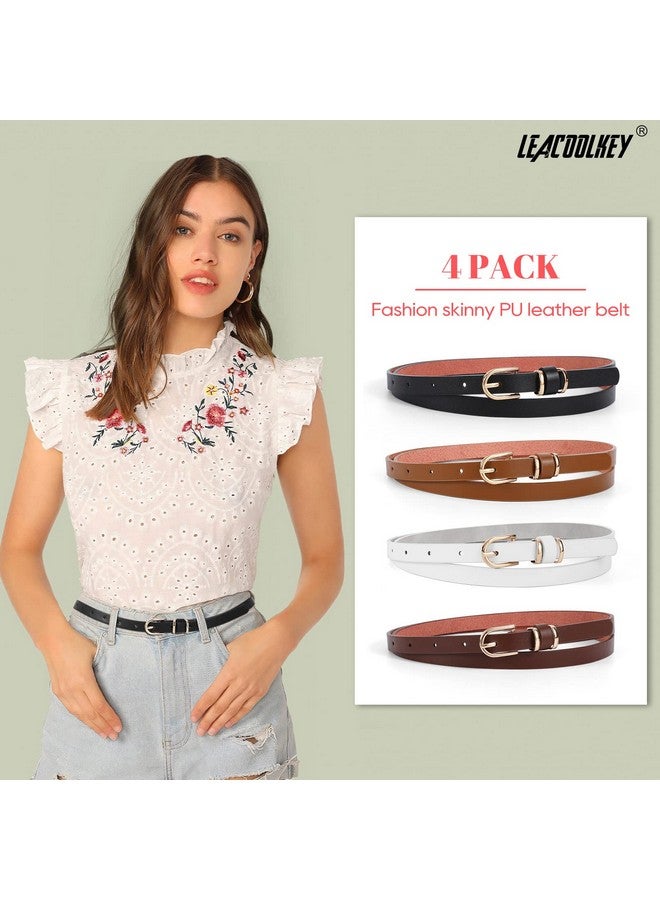 4 Pack Skinny Leather Belt For Women Dress Thin Waist Belt With Gold Buckle For Jeans